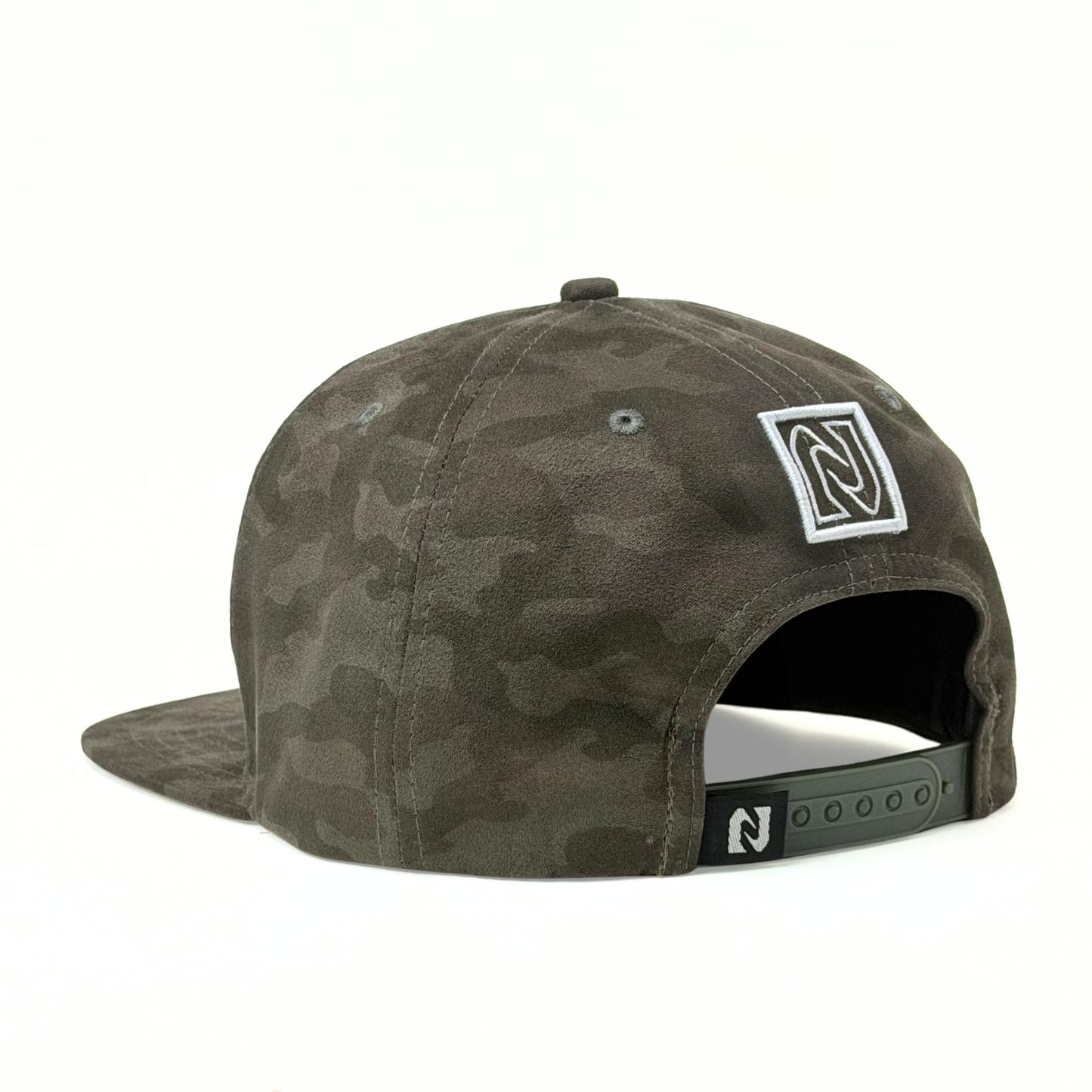 Camouflage-patterned cap with a logo on a white background