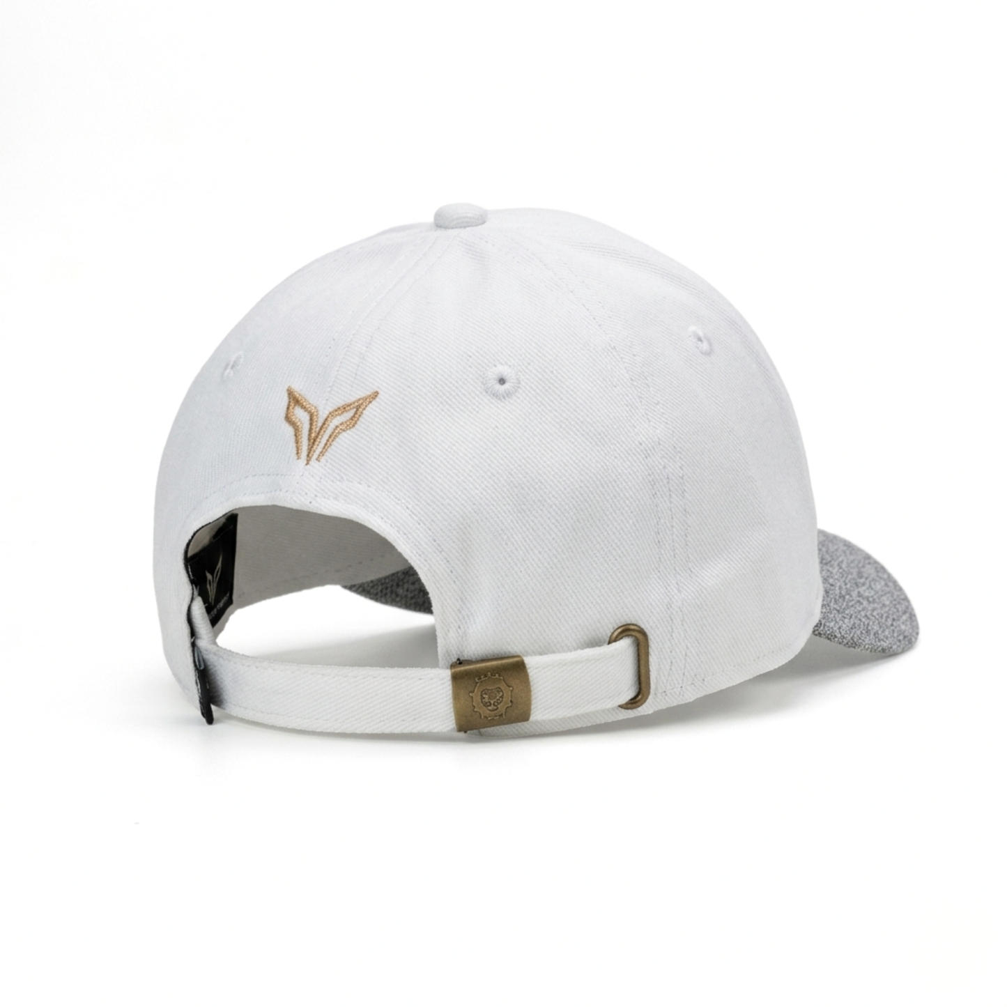 White cap with gold logo and strap on a white background