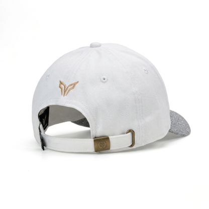 White cap with gold logo and strap on a white background