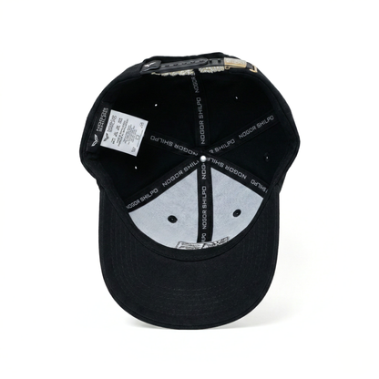 Black cap with branding on a white background