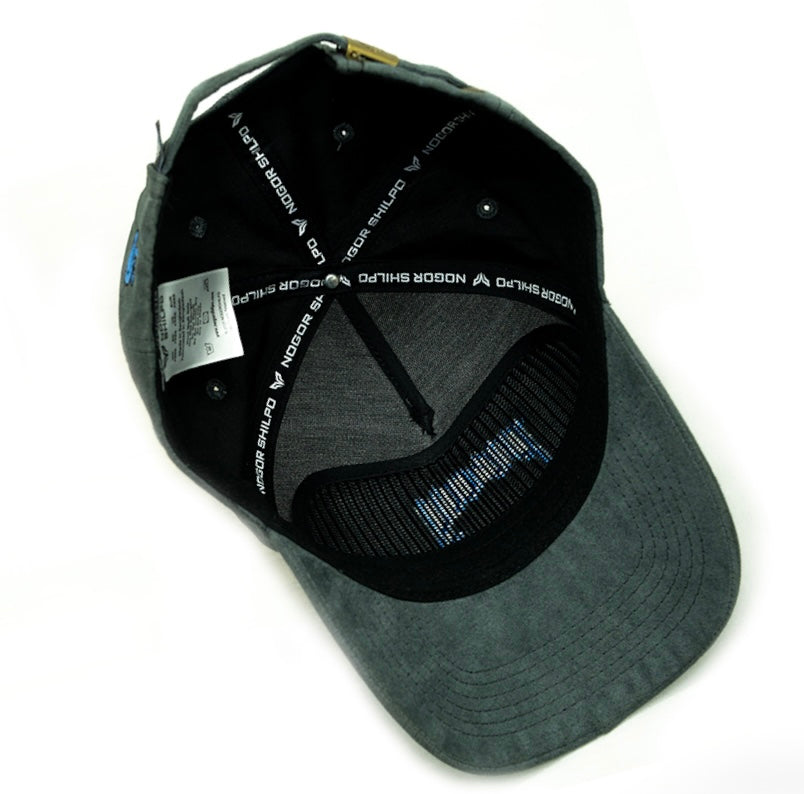 Gray cap with black mesh back on a white background
