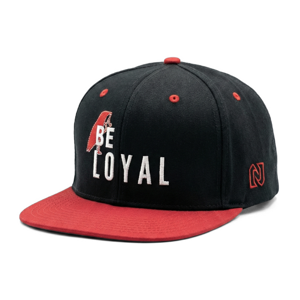 Black and red cap with 'Be Loyal' text on a white background