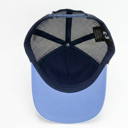 Blue baseball cap with mesh back on a white background