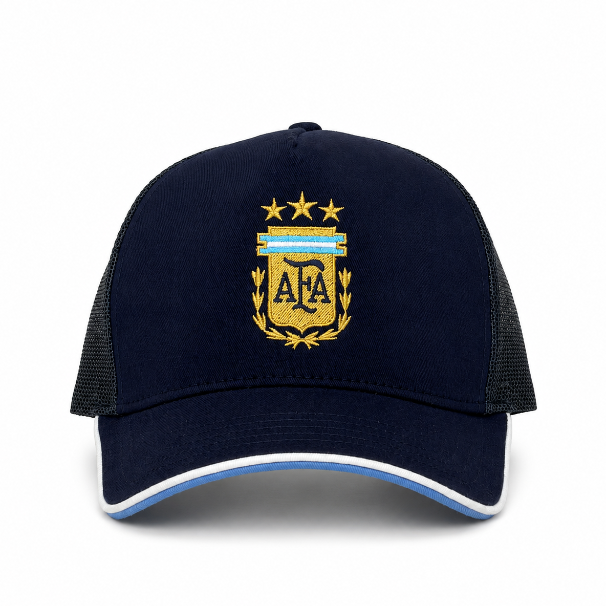 Navy blue cap with yellow emblem on a white background