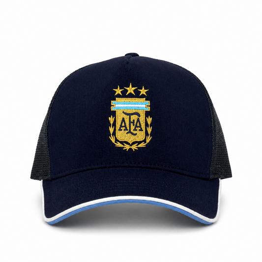 Navy blue cap with yellow emblem on a white background