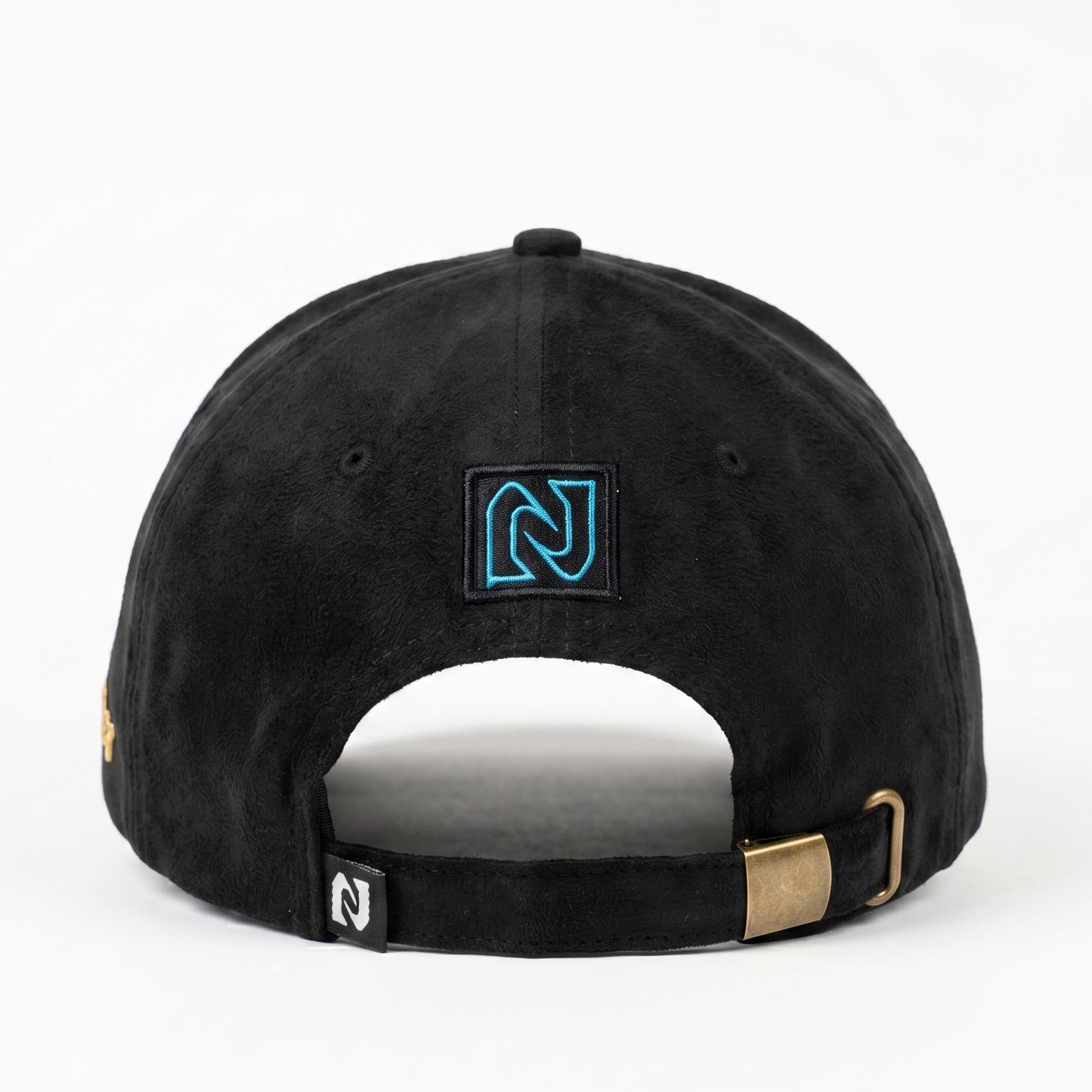 Black cap with a logo on the back against a white background