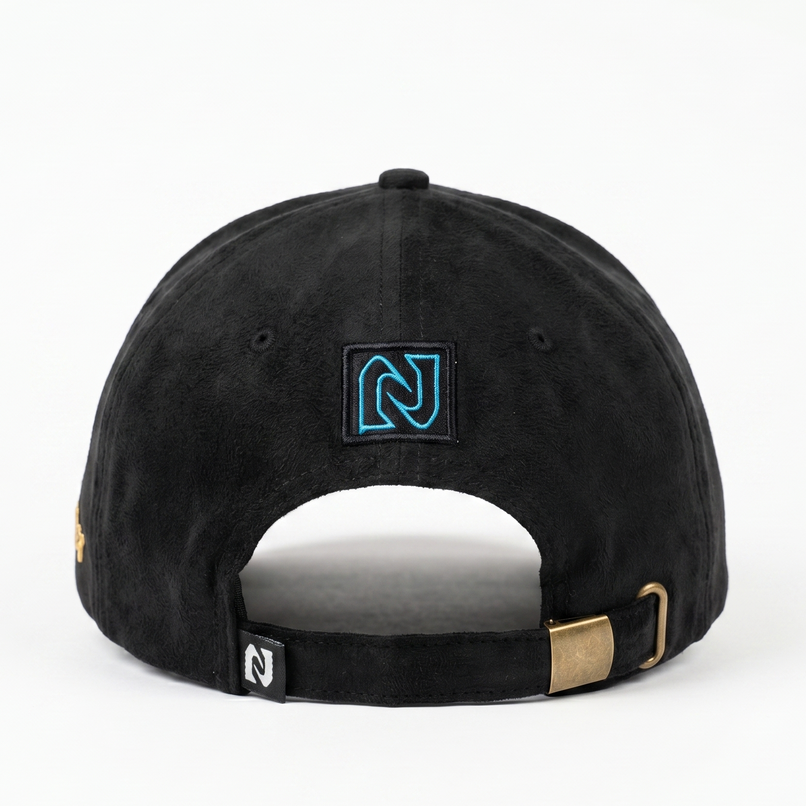 Black cap with a logo on the back against a white background