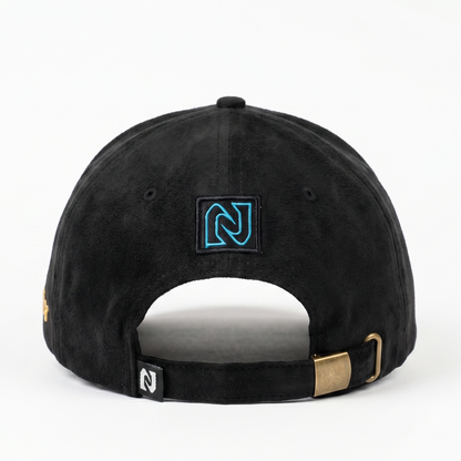 Black cap with a logo on the back against a white background