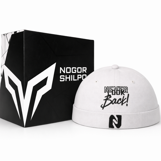 White cap with text and black box with logo on a white background