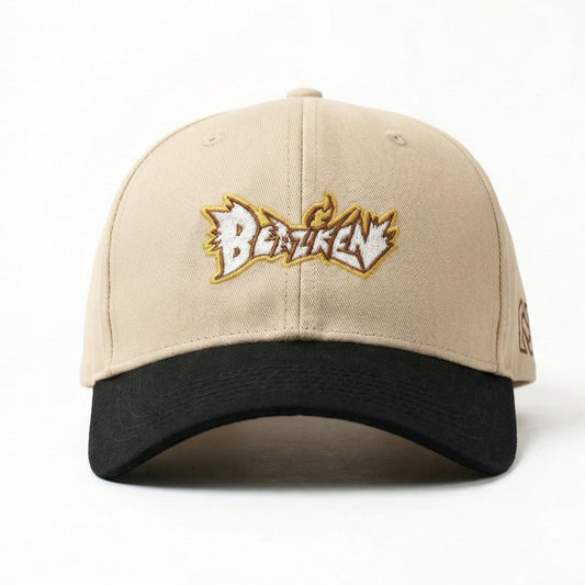 Beige and black cap with a logo on a white background