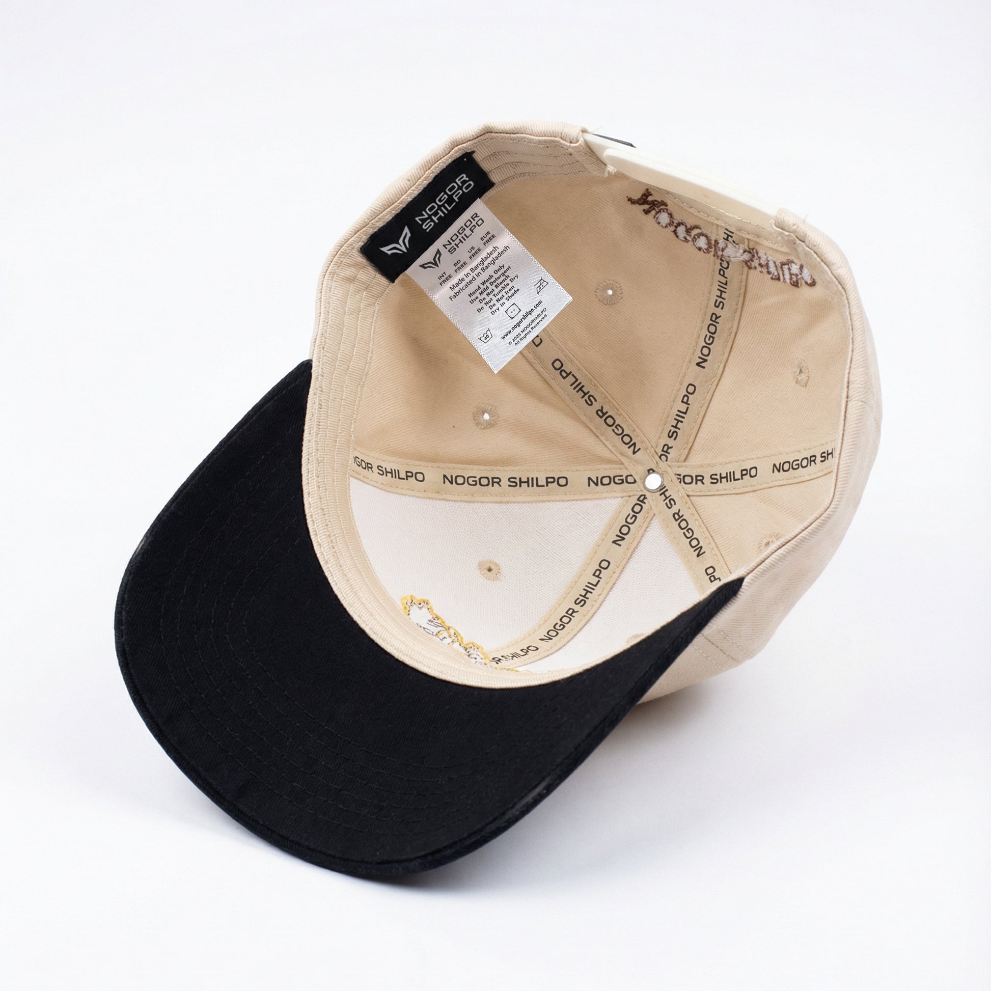 Two baseball caps, one black and one beige, with visible branding on a white background.