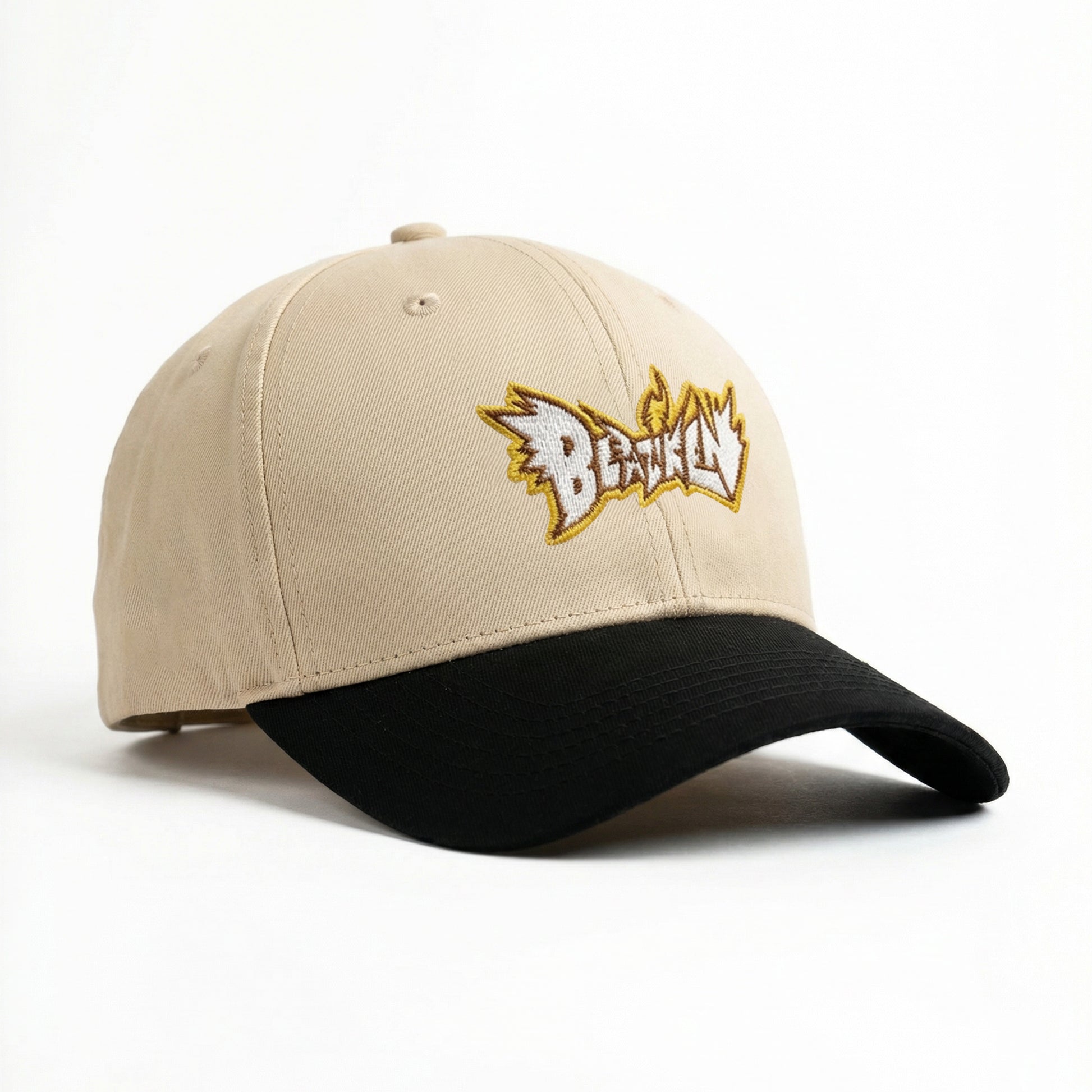 Beige and black cap with a logo on a white background