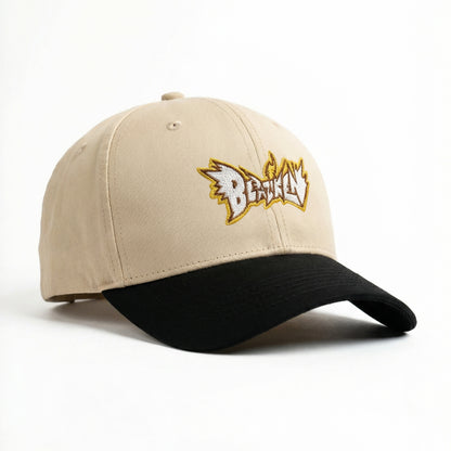 Beige and black cap with a logo on a white background