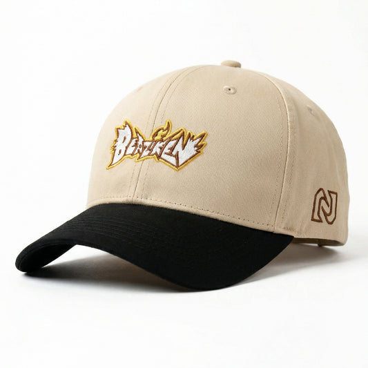 Beige and black cap with a logo on a white background
