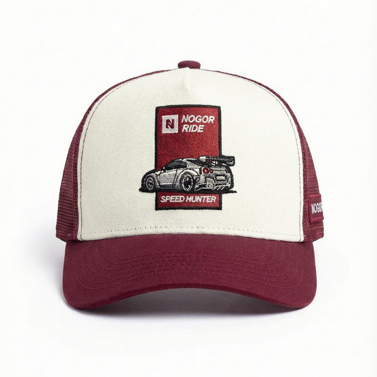 Maroon and white cap with car graphic and 'Nogor Ride' branding on a white background