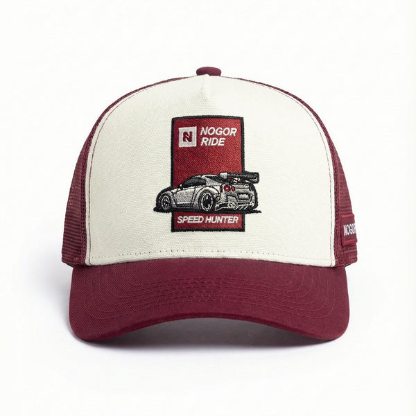 Maroon and white cap with car graphic and 'Nogor Ride' branding on a white background