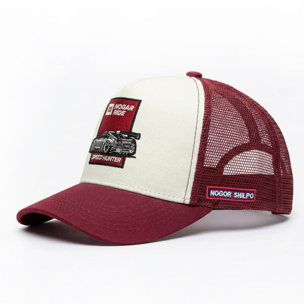 Maroon and beige cap with brand logos on a white background
