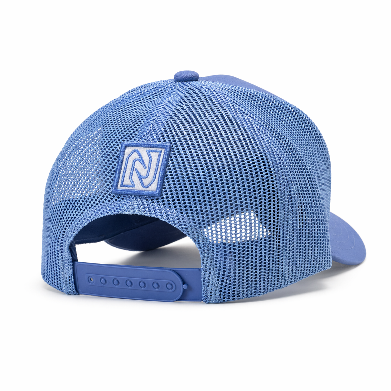 Blue mesh cap with a logo on a white background