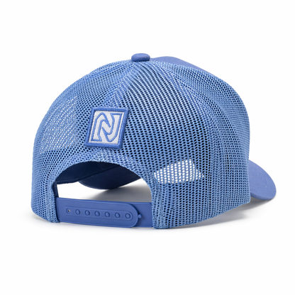 Blue mesh cap with a logo on a white background