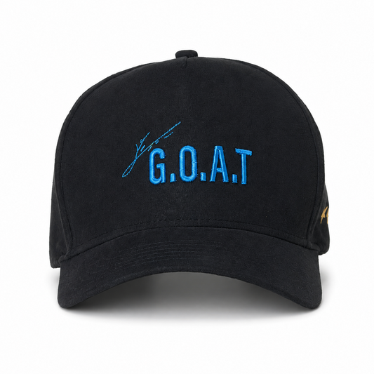 Black cap with 'G.O.A.T.' embroidered in blue on a white background