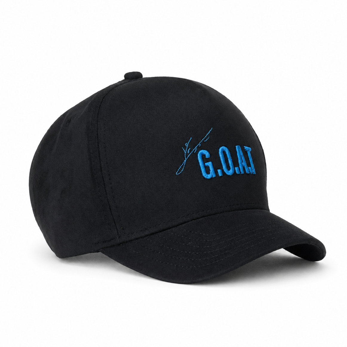 Black cap with 'G.O.A.T.' text on a white background