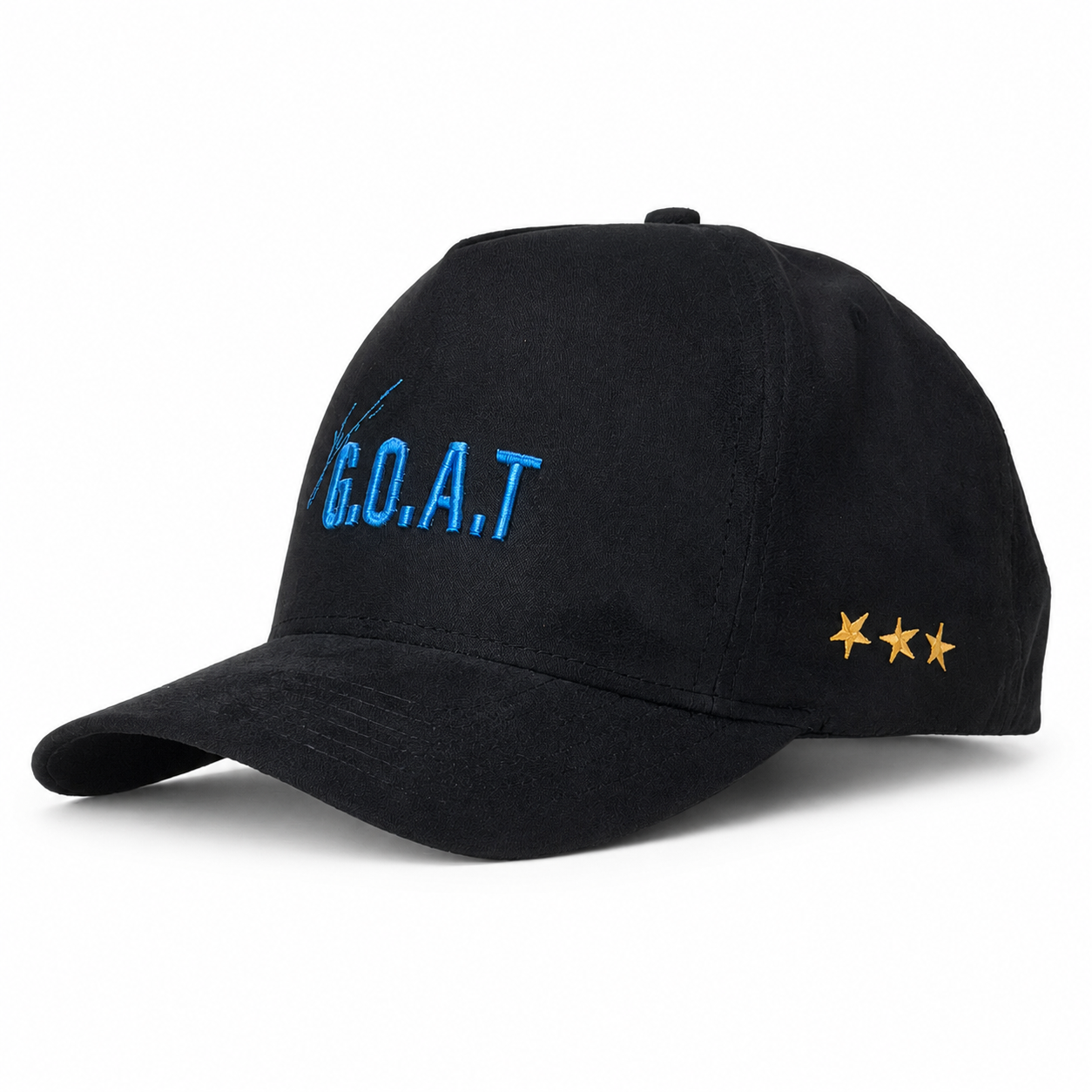 Black cap with 'G.O.A.T.' in blue and three gold stars on a white background