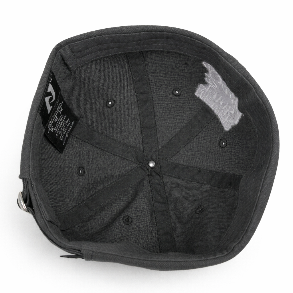 Black cap with a patch on the back against a white background