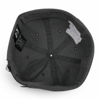 Black cap with a patch on the back against a white background