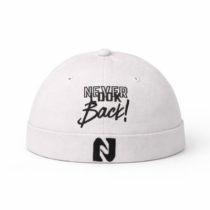 White cap with black text and logo on a white background