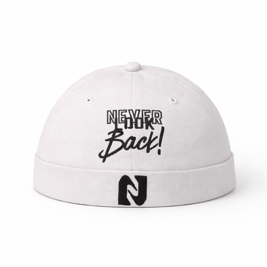 White cap with black text and logo on a white background