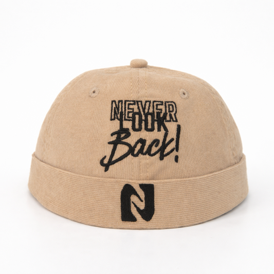 Beige cap with black text and logo on a white background