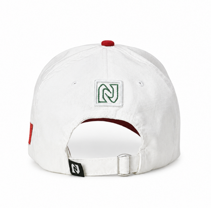 White cap with a logo on a white background