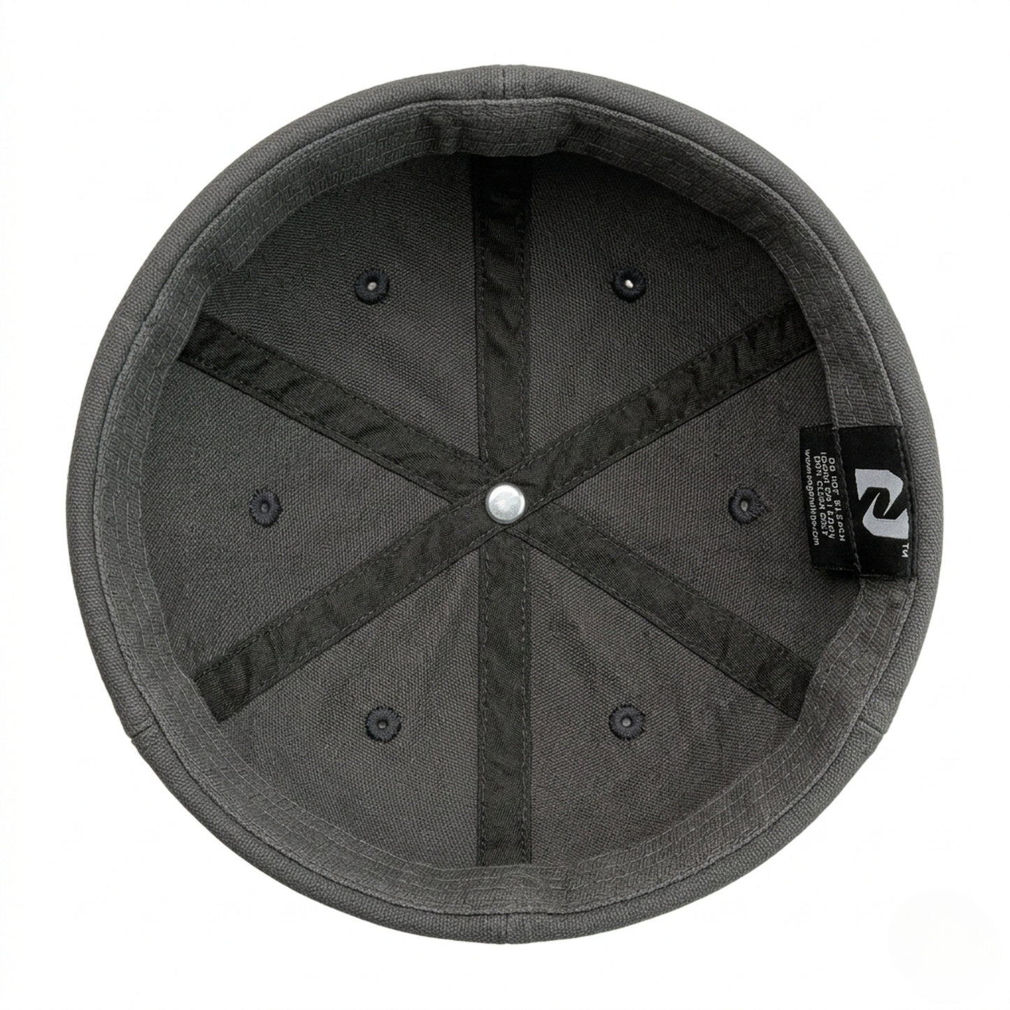 Gray cap with black accents and a brand logo on a white background