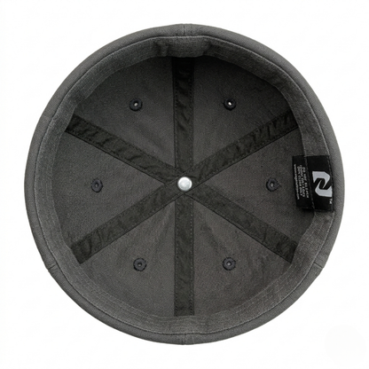 Gray cap with black accents and a brand logo on a white background