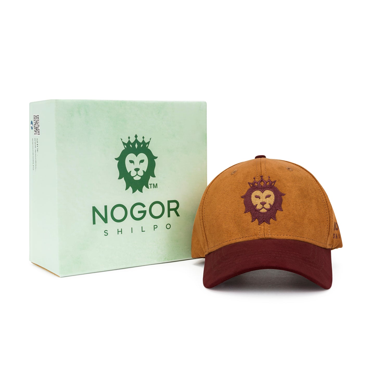 Brown cap with lion logo next to a green box labeled 'Nogor Shilpo' on a white background