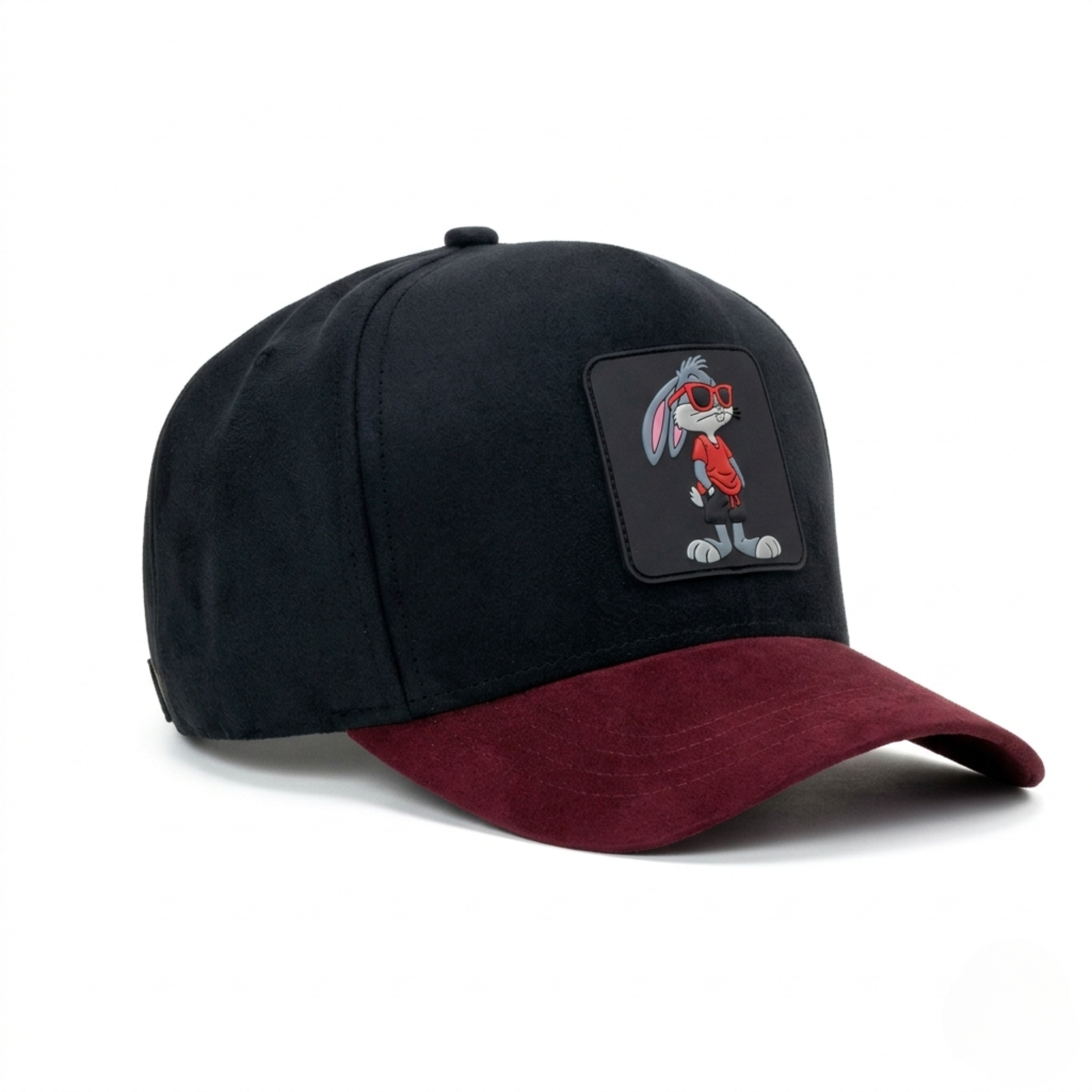 Black and red cap with a cartoon character patch on a white background
