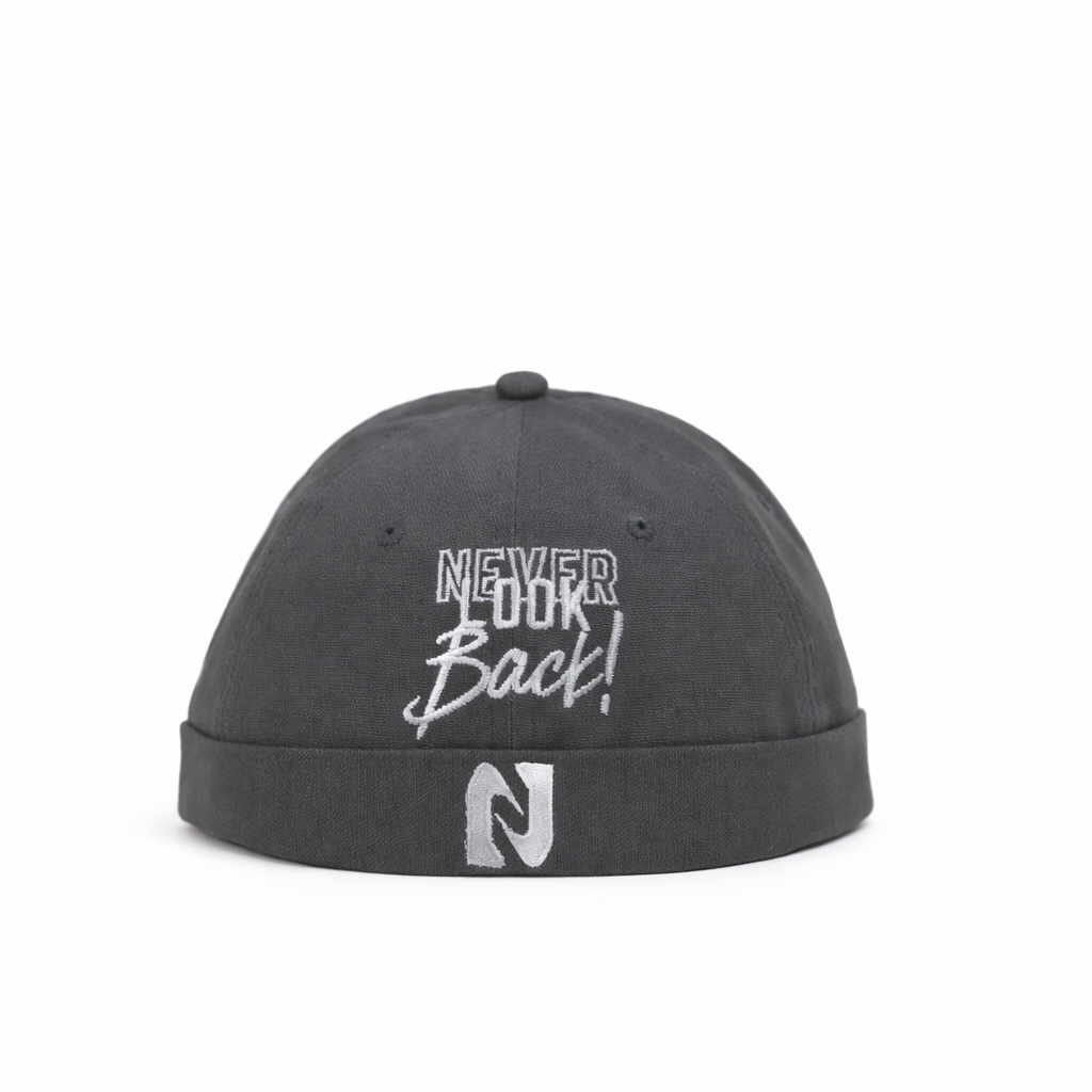 Gray cap with 'Never Look Back!' text on a white background