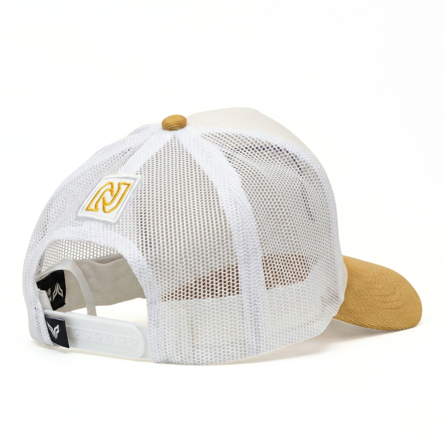 White mesh cap with tan brim and logo on a white background