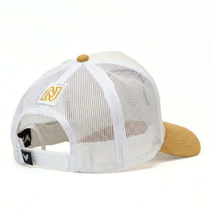 White mesh cap with tan brim and logo on a white background