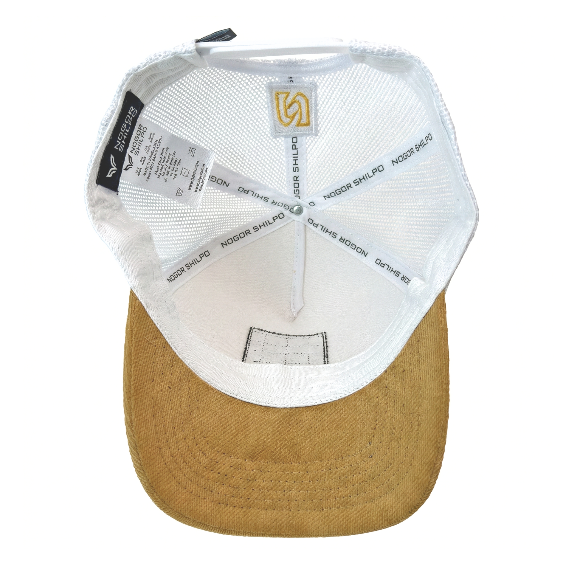 Baseball cap with a white mesh back and brown brim on a white background