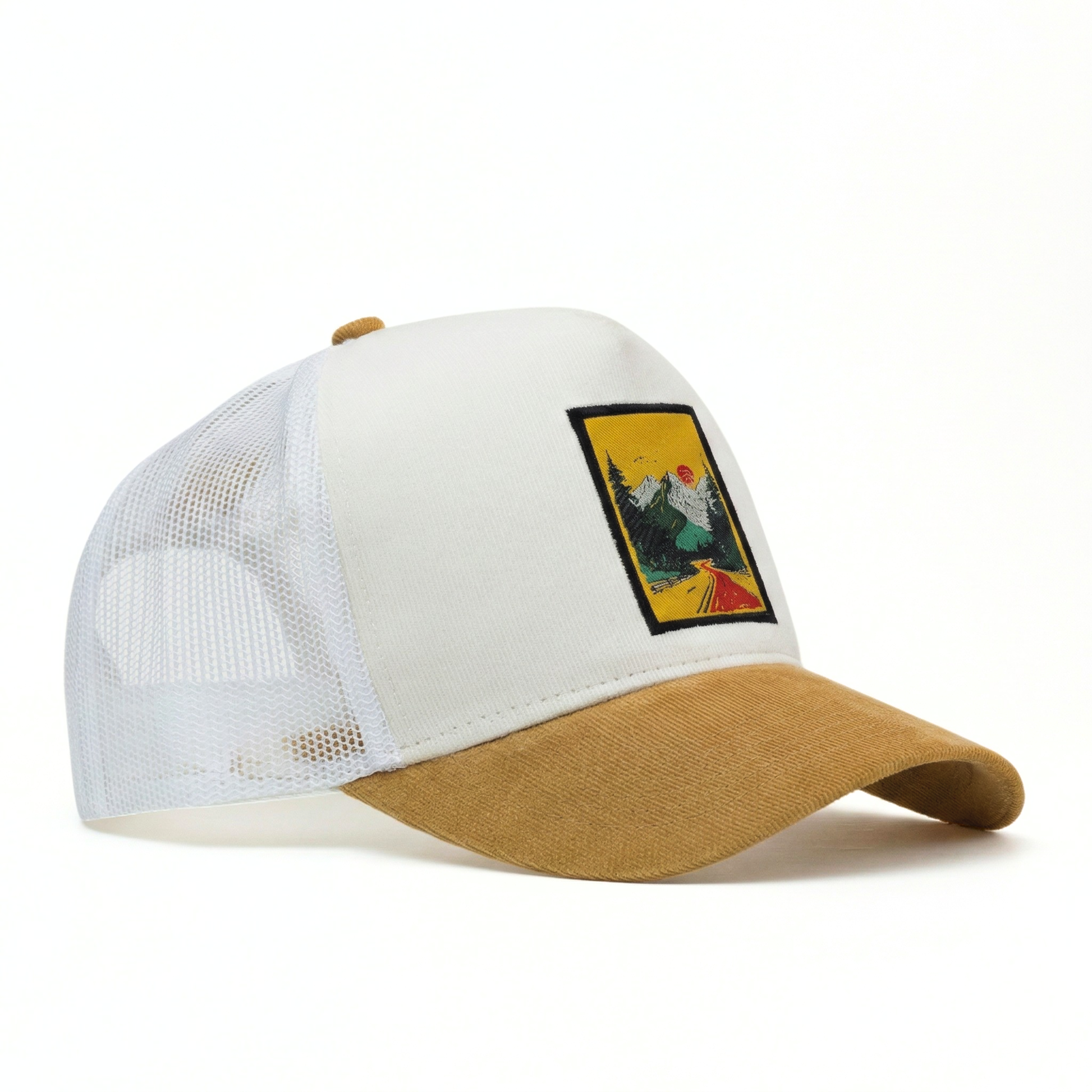 White and brown cap with a colorful graphic on a white background