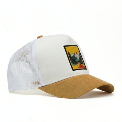 White and brown cap with a colorful graphic on a white background