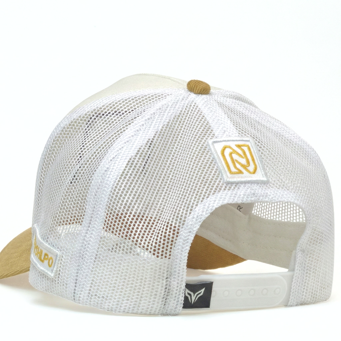 White mesh cap with beige visor and brand logo on a white background