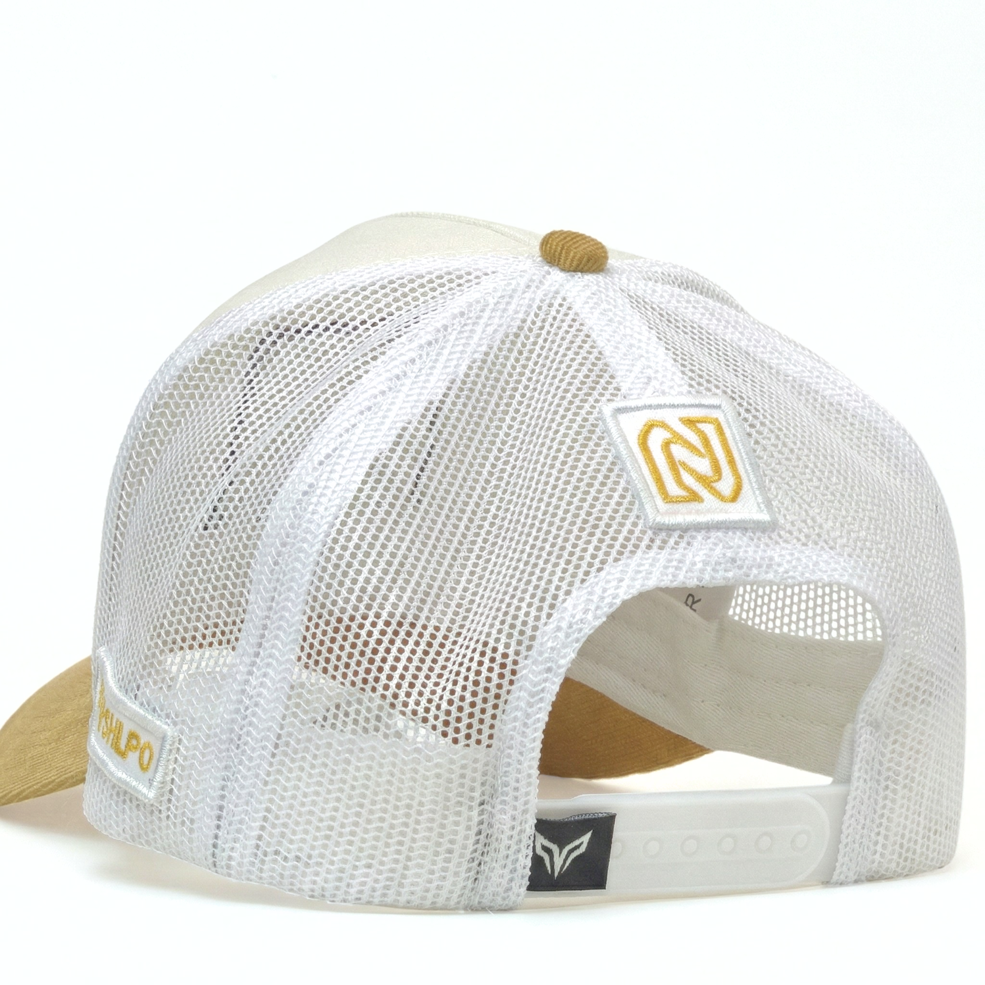 White mesh cap with beige visor and brand logo on a white background