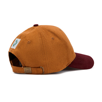 Brown baseball cap with a maroon bill on a white background