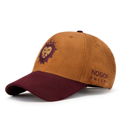 Brown and maroon cap with a logo and text on a white background