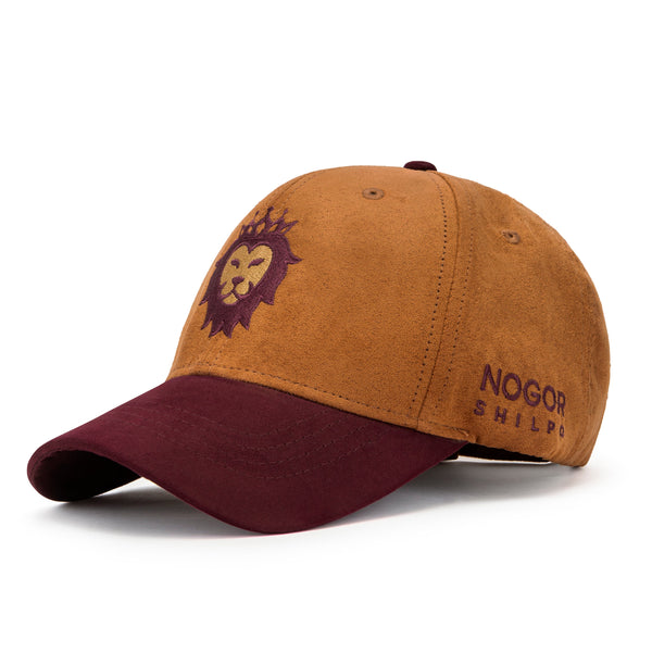 Brown and maroon cap with a logo and text on a white background