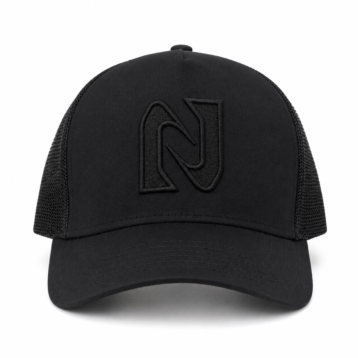 Black trucker cap with a logo on a white background