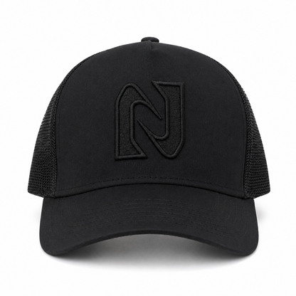 Black trucker cap with a logo on a white background