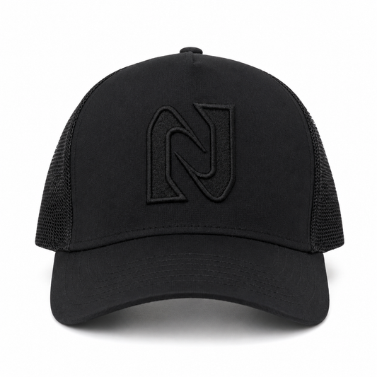 Black trucker cap with a logo on a white background